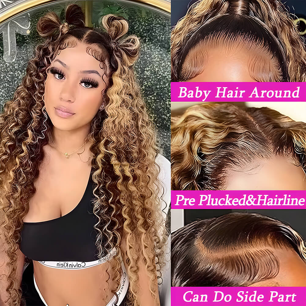 Gefily 20‘’-36‘’ 13x6 4/27 Highlight Ombre Honey Blonde Lace Front Wig Curly & Deep Wave -100%Human Hair,Lightweight & Comfortable, Shine-Enhancing Highlights