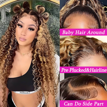 Gefily 20‘’-36‘’ 13x6 4/27 Highlight Ombre Honey Blonde Lace Front Wig Curly & Deep Wave -100%Human Hair,Lightweight & Comfortable, Shine-Enhancing Highlights