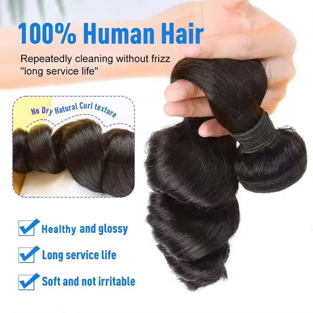 Gefily 16-34Inch Natural Black Loose Wave Hair Bundles Virgin Brazilian Hair Weave 4 Bundles
