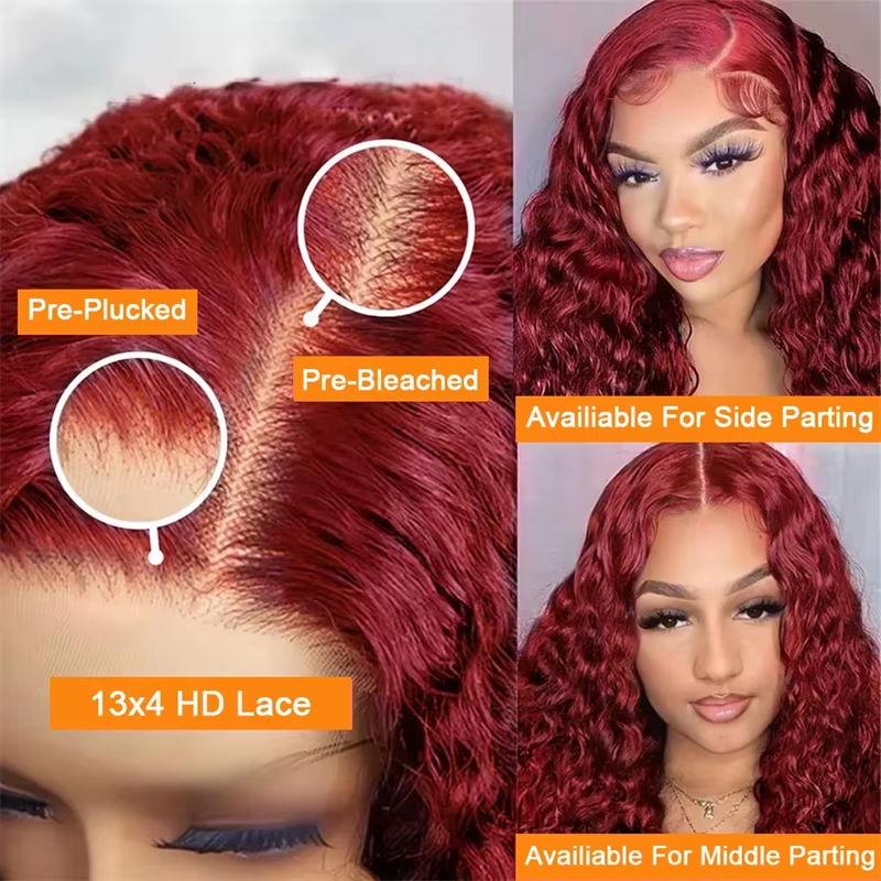 Gefily 20’’-40’’ 13x6 Lace Front Wig 99J Burgundy Red Curly Wave Deep Wave– Super Invisible Lace, Bold Color, Soft & Restyle-Friendly