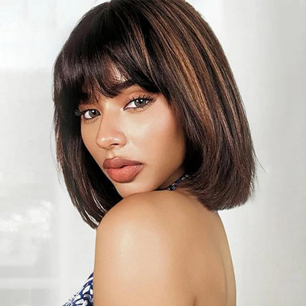 Gefily 10‘’ 2x1 4/27 Highlight Brown Bob Glueless Wig w/ Bangs-Ready-to-Wear,Natural & Stylish