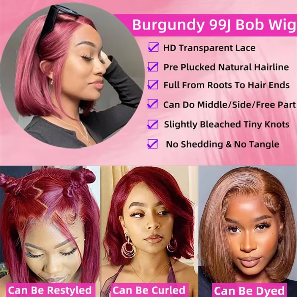 Gefily-10 Inch 99J Burgundy Straight 13x4 Lace Short Bob Wig