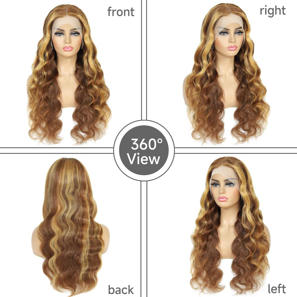 Gefily 20’’–42’’13x6 Lace Front Wig 4/27 Highlight Ombre Honey Blonde Body Wave – Sunlit Brown & Blonde Highlights, Silky Human Hair, Natural-Looking & Long-Lasting
