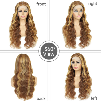 Gefily 20’’–42’’13x6 Lace Front Wig 4/27 Highlight Ombre Honey Blonde Body Wave – Sunlit Brown & Blonde Highlights, Silky Human Hair, Natural-Looking & Long-Lasting