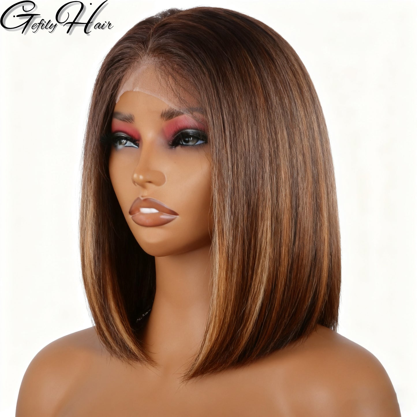 Gefily 10‘’ 13x4 4/27 Highlight Brown Blonde Straight Bob Wig – Transparent Lace, 100% Human Hair, Effortless Natural Look
