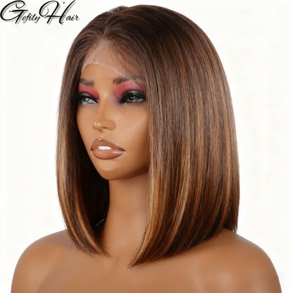 Gefily 10‘’ 13x4 4/27 Highlight Brown Blonde Straight Bob Wig – Transparent Lace, 100% Human Hair, Effortless Natural Look