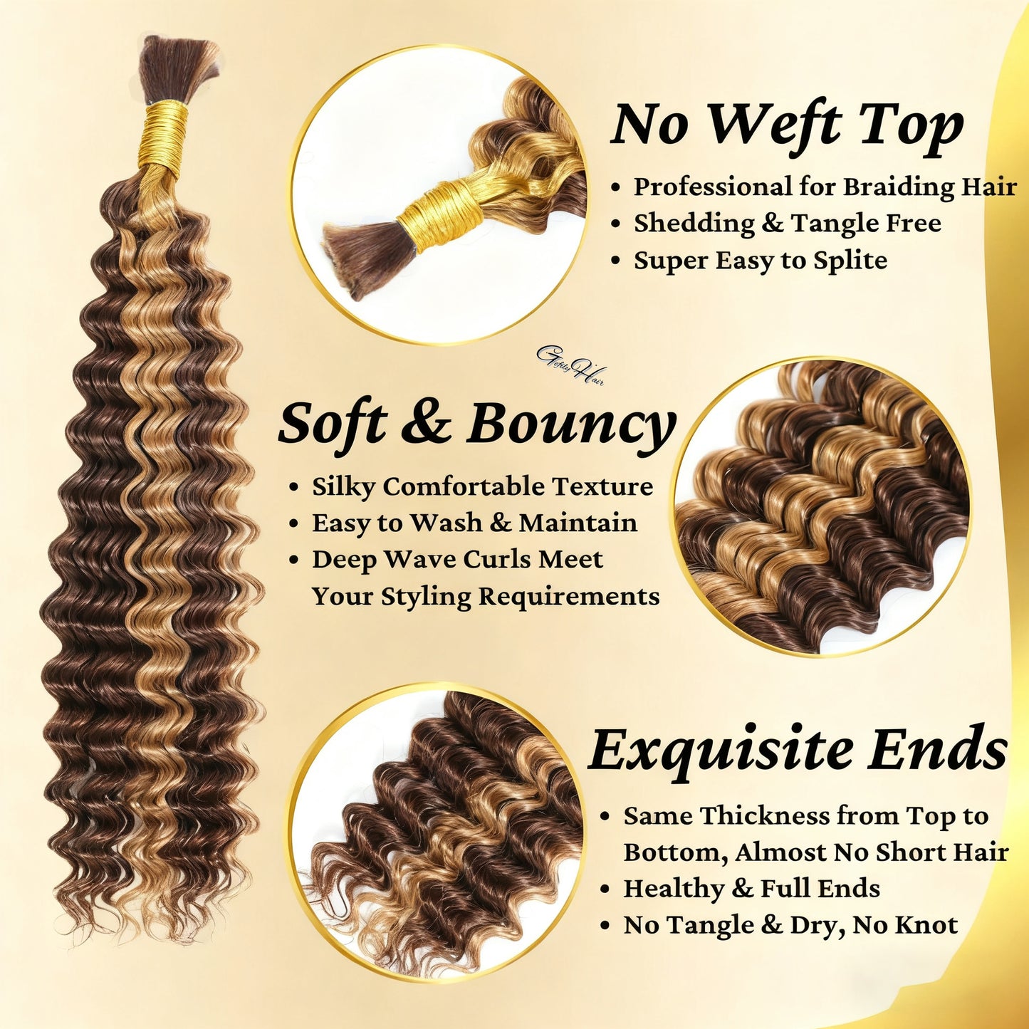 Gefily 16’’–26’’ Braiding Hair #4/27 Highlight Brown  Deep Curly Wave Hair – 100% Virgin Human Hair, Soft & Full