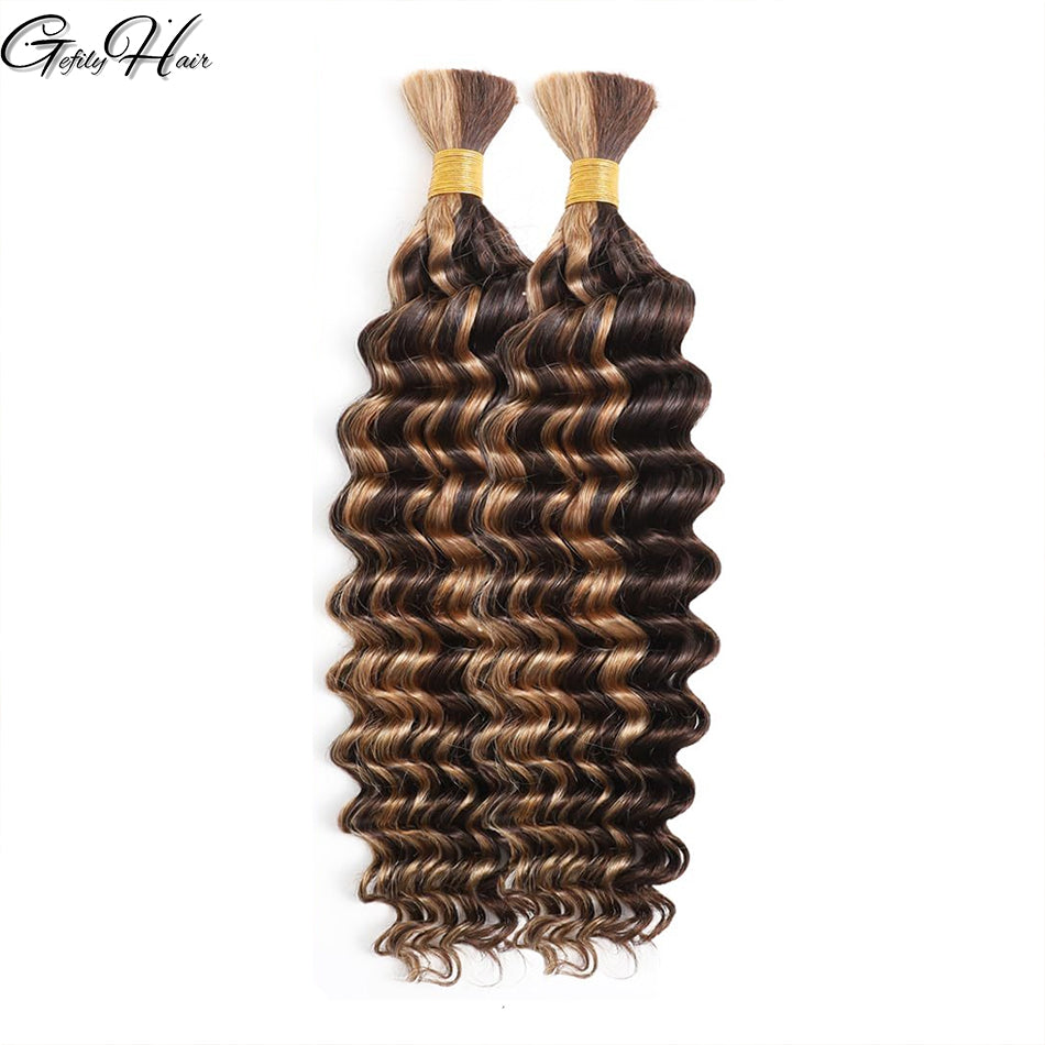 Gefily 16’’–26’’ Braiding Hair #4/27 Highlight Brown  Deep Curly Wave Hair – 100% Virgin Human Hair, Soft & Full
