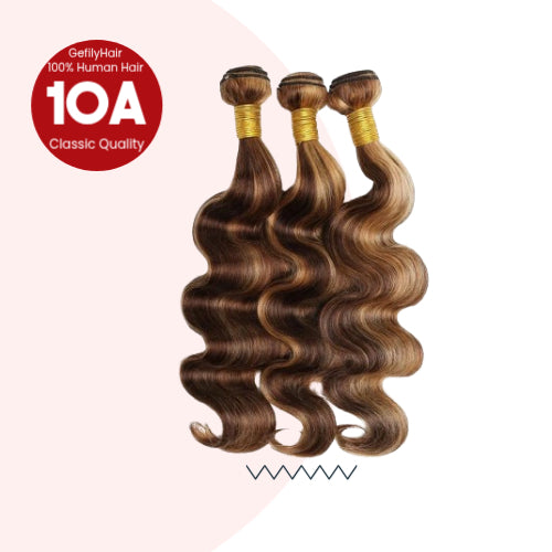 Gefily 16’’–30’’ 10A Classic #4/27 Highlight Brwon Body Wave Bundles Brazilian Hair – 100% Virgin Brazilian Human Hair, Soft, Full & Silky