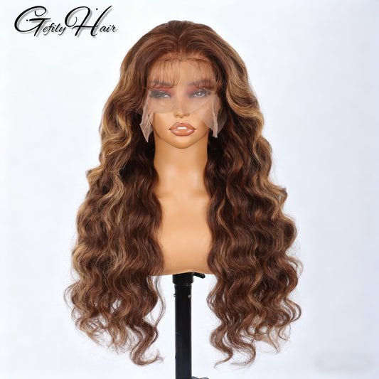 Gefily 20’’–42’’13x6 Lace Front Wig 4/27 Highlight Ombre Honey Blonde Body Wave – Sunlit Brown & Blonde Highlights, Silky Human Hair, Natural-Looking & Long-Lasting