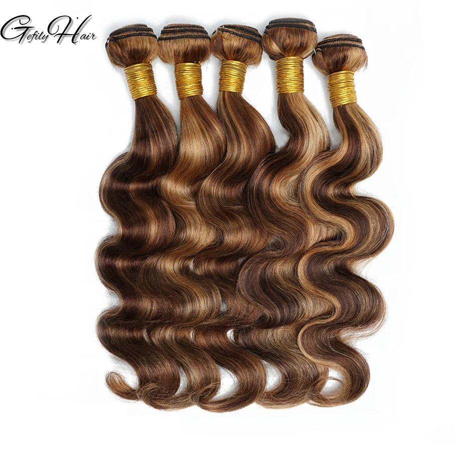 Gefily 18’’–30’’ Bundles 4/27 Highlight Brown Body Wave Hair – Smooth, Full-Body Waves with Shine That