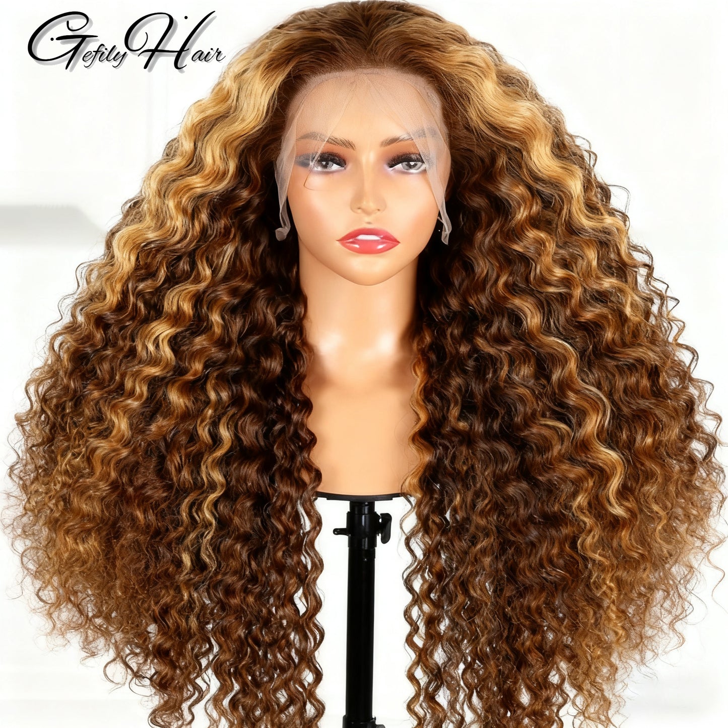 Gefily 20‘’-36‘’ 13x6 4/27 Highlight Ombre Honey Blonde Lace Front Wig Curly & Deep Wave -100%Human Hair,Lightweight & Comfortable, Shine-Enhancing Highlights