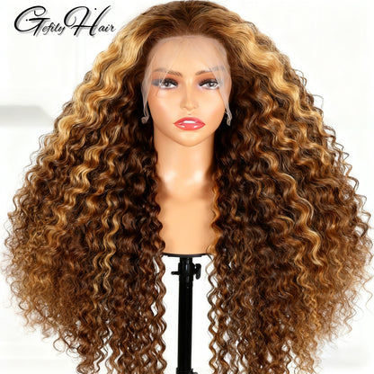 Gefily 20‘’-36‘’ 13x6 4/27 Highlight Ombre Honey Blonde Lace Front Wig Curly & Deep Wave -100%Human Hair,Lightweight & Comfortable, Shine-Enhancing Highlights