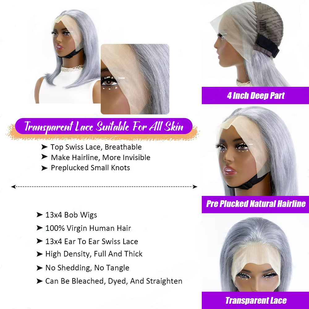 Gefily 10” 13x4 Silver Gray Bob Wig – Limited Edition, Human Hair, Dyeable Style