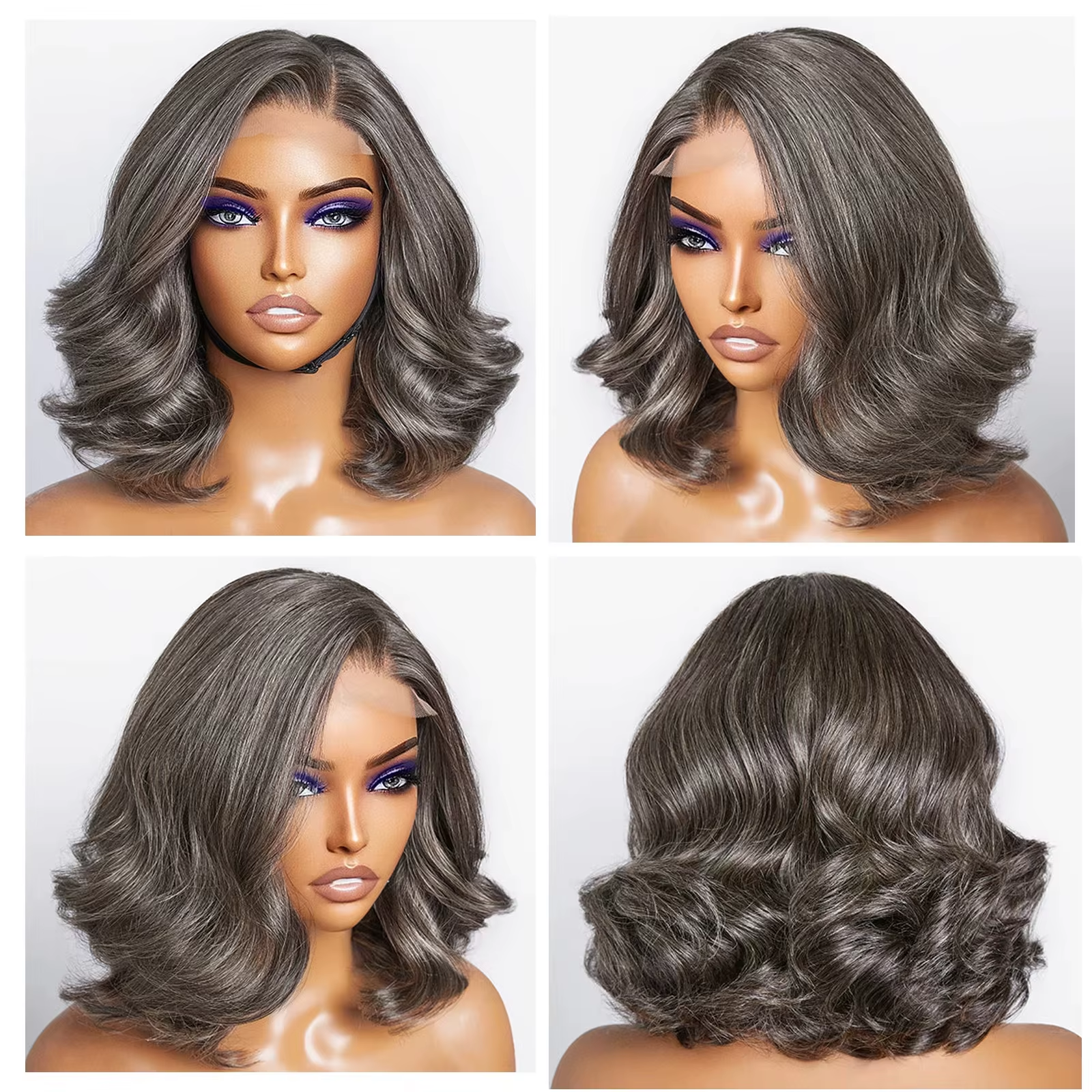 Gefily-12 Inch Salt & Pepper Layered Bob Wig Body Wave 5x5 Glueless Pre-Cut Grey Wig