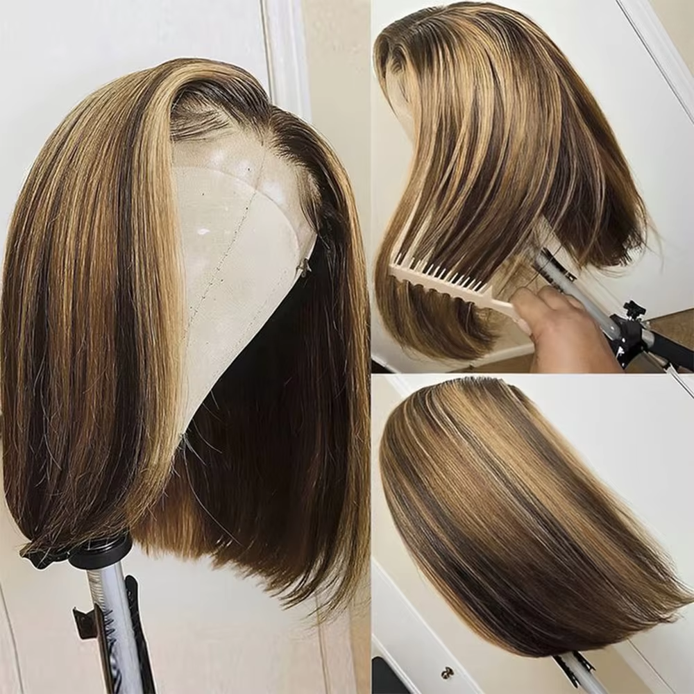 Highlight 4/27 Brown Blonde Color Straight 13x4 Lace Frontal Bob Wig Transparent Lace Human Hair Frontal Short Wig For Women