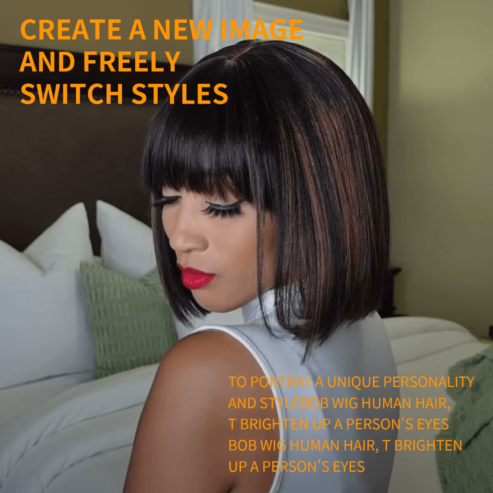Gefily-10 Inch Glueless Bob Wig w/ Bangs (Highlight Brown)