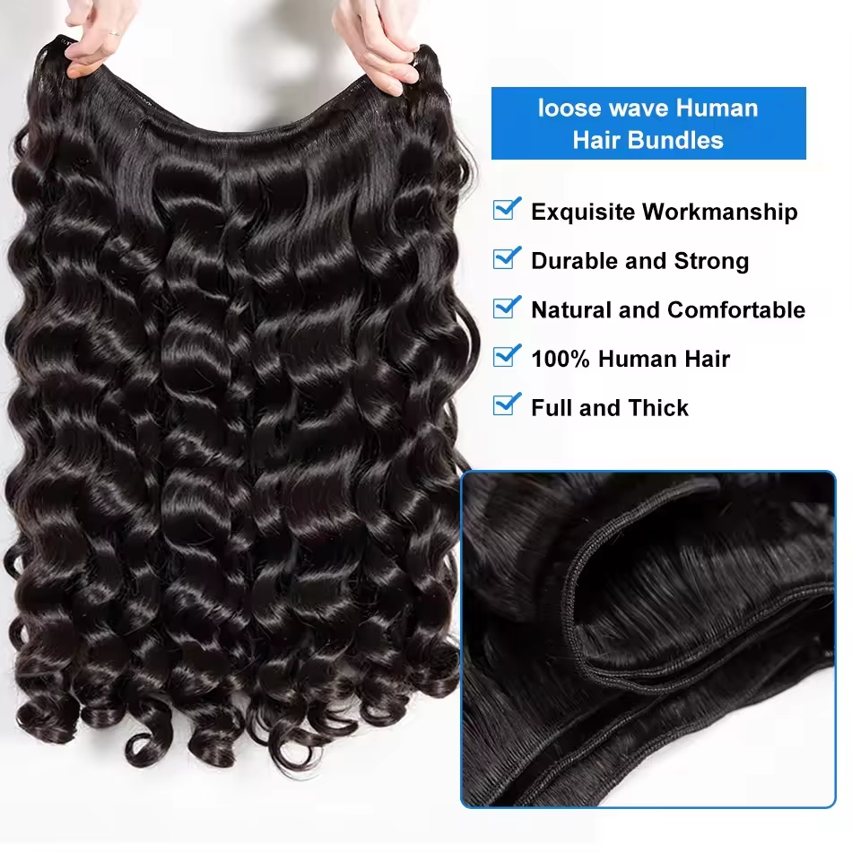 Gefily 16-34Inch Natural Black Loose Wave Hair Bundles Virgin Brazilian Hair Weave 4 Bundles