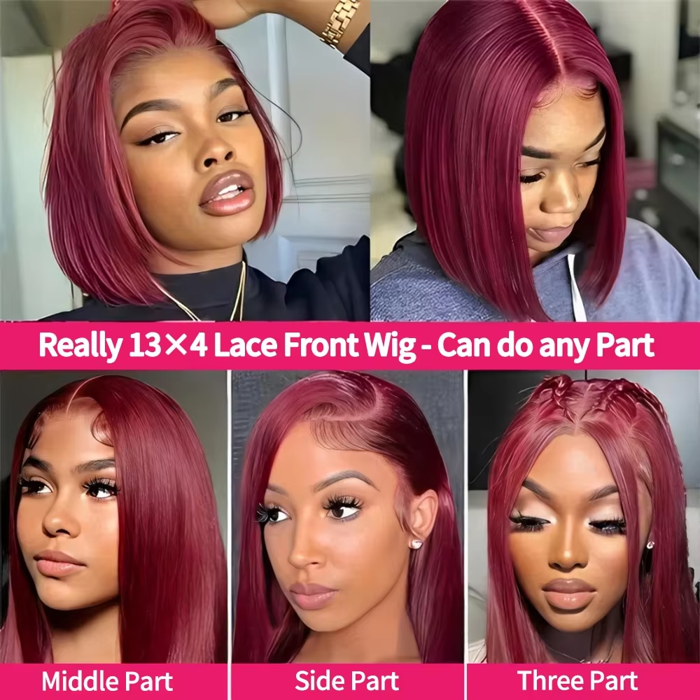 Gefily-10 Inch 99J Burgundy Straight 13x4 Lace Short Bob Wig