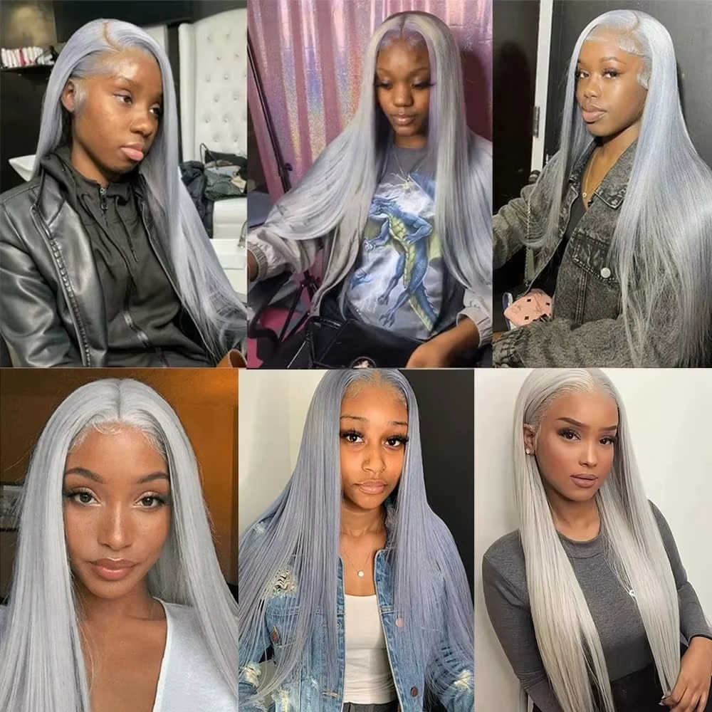 Gefily-Grey Long Straight Human Hair Super Invisible Lace Front Wigs