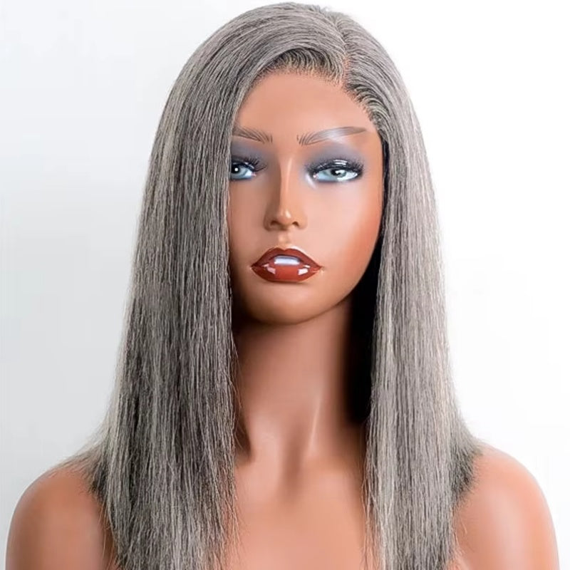 Gefily-Salt and pepper Long Straight Human Hair Super Invisible Lace Front Wigs