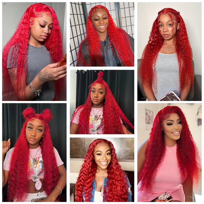 Gefily 20‘’-36‘’ 13x4 Fire Red Lace Front  Wig Curly Wave Deep Wave– Bold Color, Super Invisible Lace, 100% Human Hair, Vibrant Red Shade