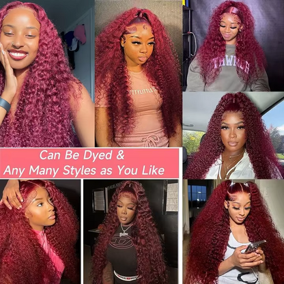 Gefily 20’’-40’’ 13x6 Lace Front Wig 99J Burgundy Red Curly Wave Deep Wave– Super Invisible Lace, Bold Color, Soft & Restyle-Friendly
