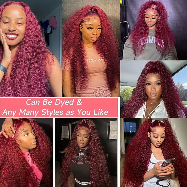 Gefily 18’’-40’’ 13x6 Lace Front Wig 99J Burgundy Red Curly Wave Deep Wave– Super Invisible Lace, Bold Color, Soft & Restyle-Friendly