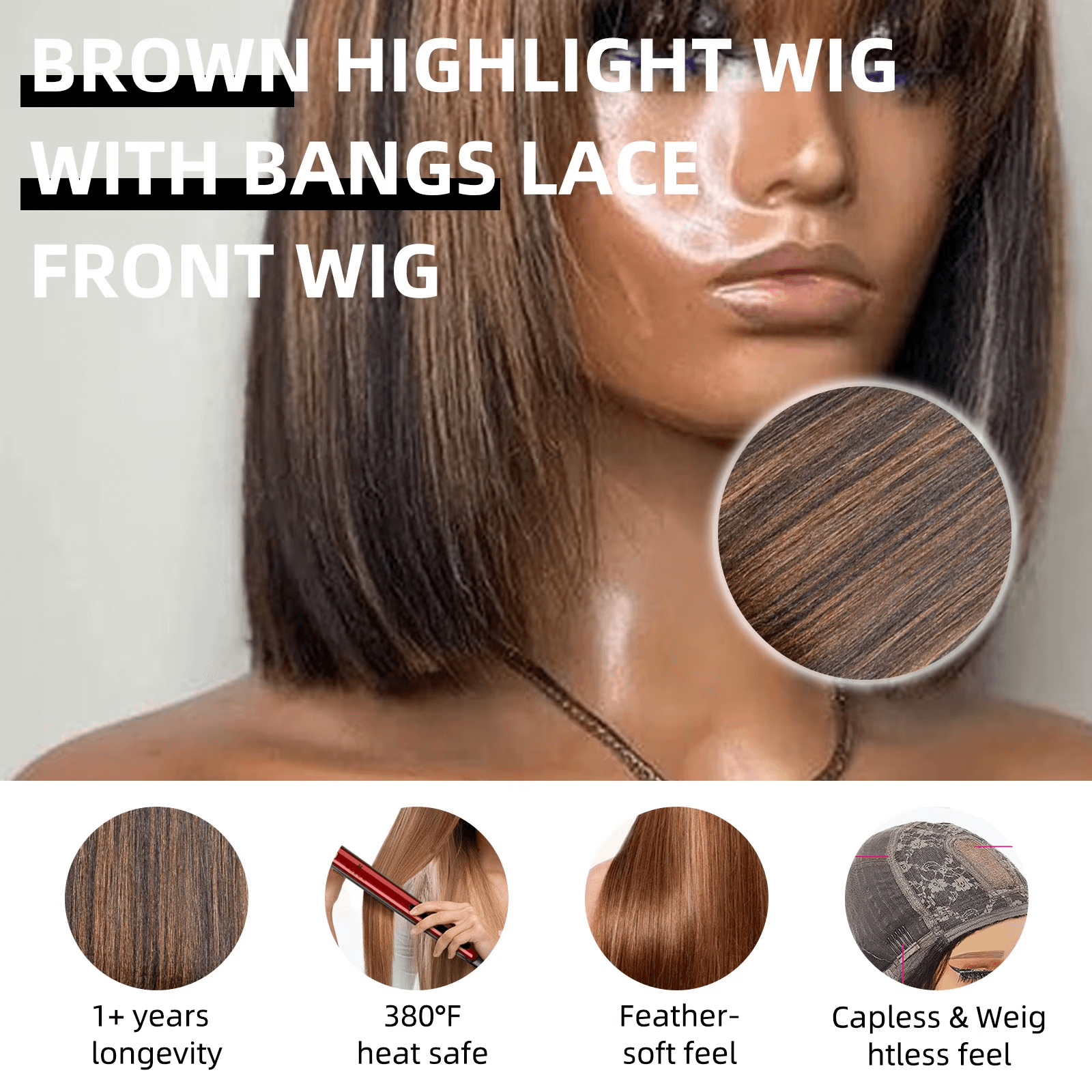 Gefily-10 Inch Glueless Bob Wig w/ Bangs (Highlight Brown)