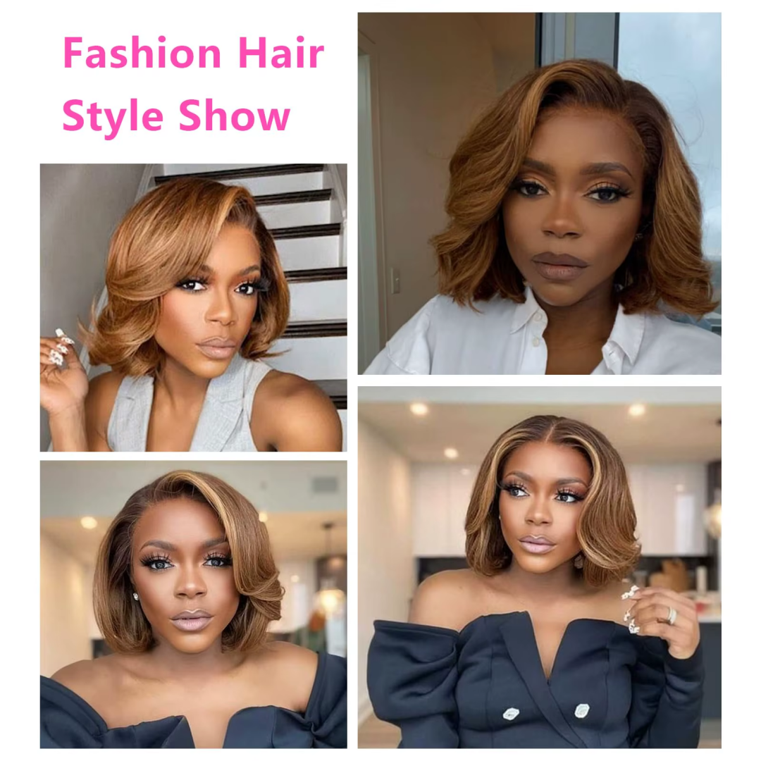 Gefily-12 Inch Toffee Brown Mix Blonde Glueless 5x5 Closure Lace Bob Wig