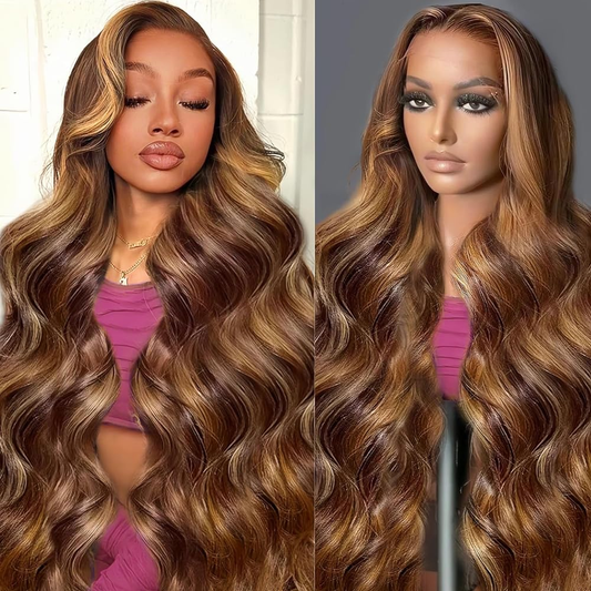 Gefily 20’’–42’’13x6 Lace Front Wig 4/27 Highlight Ombre Honey Blonde Body Wave – Sunlit Brown & Blonde Highlights, Silky Human Hair, Natural-Looking & Long-Lasting