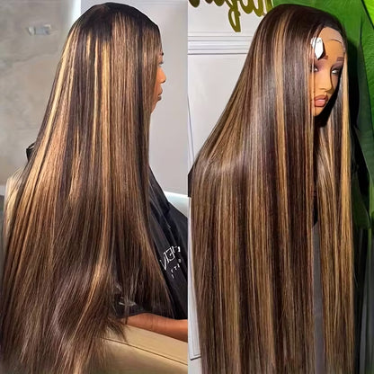 Gefily 16”-38” 360/13x6 Lace 4/27 Highlight Brown Long Straight Wig –  Sleek Long Style, Elegant and Timeless