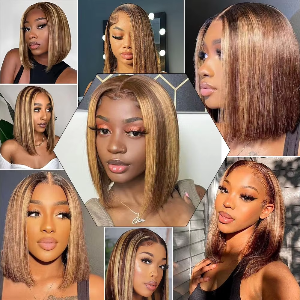 Highlight 4/27 Brown Blonde Color Straight 13x4 Lace Frontal Bob Wig Transparent Lace Human Hair Frontal Short Wig For Women