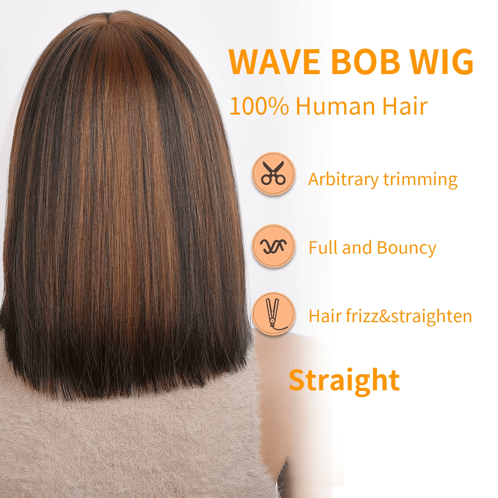 Gefily-10 Inch Glueless Bob Wig w/ Bangs (Highlight Brown)