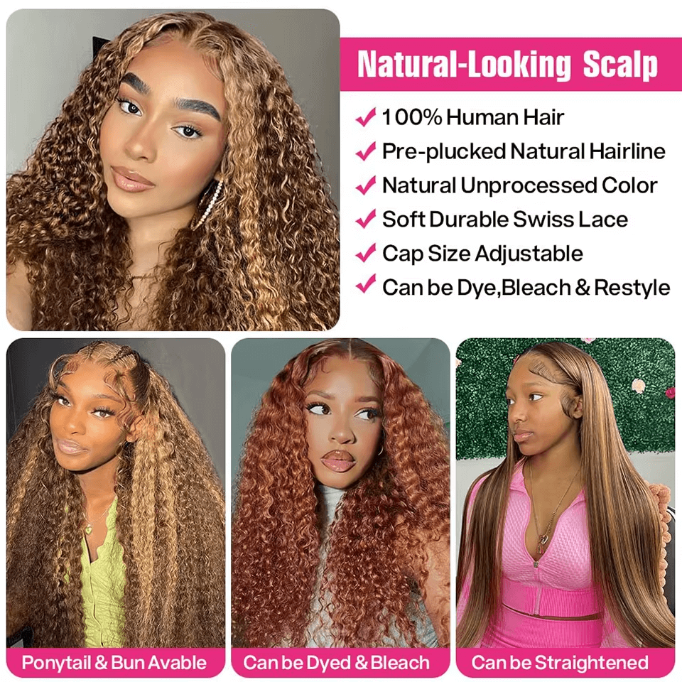 Gefily 20‘’-36‘’ 13x6 4/27 Highlight Ombre Honey Blonde Lace Front Wig Curly & Deep Wave -100%Human Hair,Lightweight & Comfortable, Shine-Enhancing Highlights