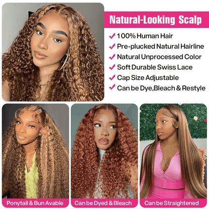 Gefily 20‘’-36‘’ 13x6 4/27 Highlight Ombre Honey Blonde Lace Front Wig Curly & Deep Wave -100%Human Hair,Lightweight & Comfortable, Shine-Enhancing Highlights