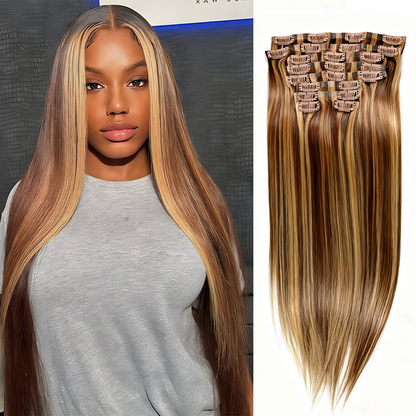 Gefily 16’’–24’’ 9PCS 120g 4/27 Highlight Brown Straight Clip-In Human Hair Extensions – Soft Touch, Effortless Shine