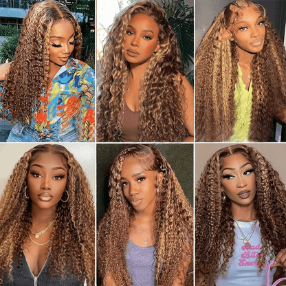 Gefily 20‘’-36‘’ 13x6 4/27 Highlight Ombre Honey Blonde Lace Front Wig Curly & Deep Wave -100%Human Hair,Lightweight & Comfortable, Shine-Enhancing Highlights