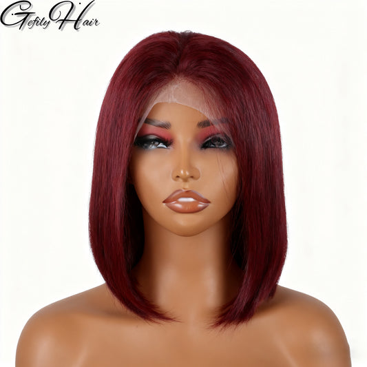 Gefily 10” 13x4 99J Burgundy Straight Bob Wig –100% Human Hair,Bold Everyday Look