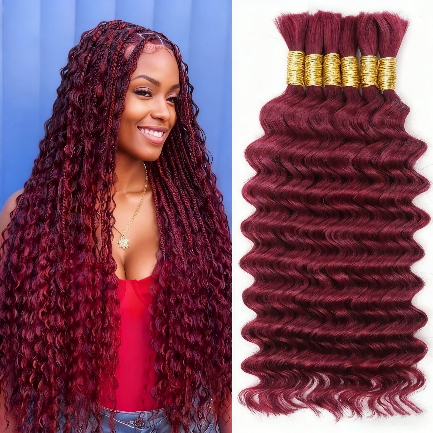 Gefily 16’’–26’’ Braiding Hair #99J Burgundy Red Deep Curly Wave Hair – 100% Virgin Human Hair, Soft & Full