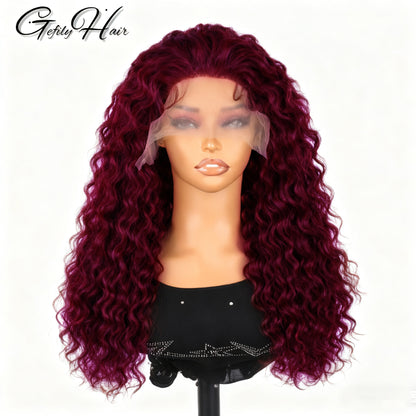 Gefily 20’’-40’’ 13x6 Lace Front Wig 99J Burgundy Red Curly Wave Deep Wave– Super Invisible Lace, Bold Color, Soft & Restyle-Friendly