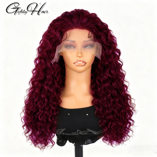 Gefily 20’’-40’’ 13x6 Lace Front Wig 99J Burgundy Red Curly Wave Deep Wave– Super Invisible Lace, Bold Color, Soft & Restyle-Friendly