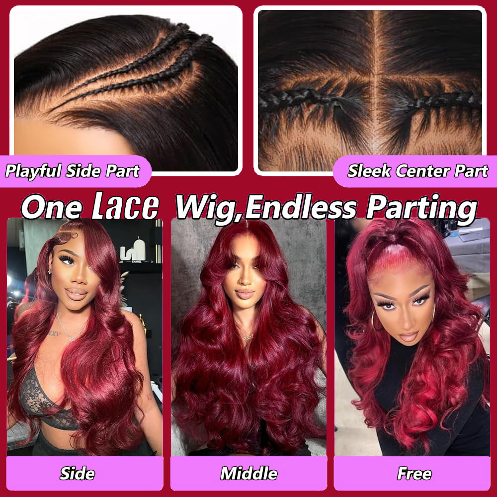 Gefily 20’’–40’’ 13x6 99J Burgendy Red Body Wave Lace Front Wig –Deep Burgundy for Effortless Elegance