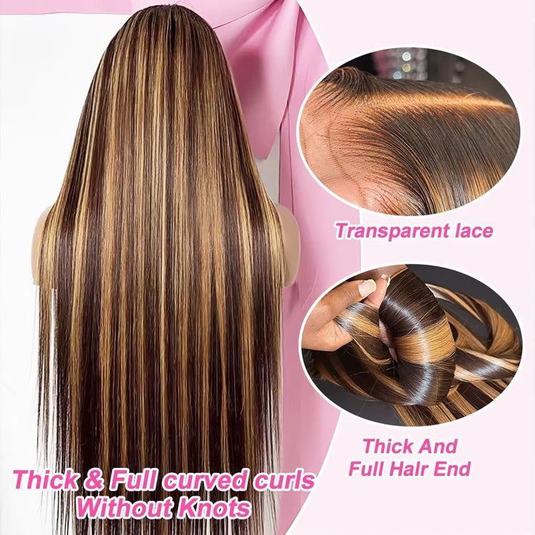 Gefily-4/27Highlight Long Straight Human Hair Super Invisible Lace Front Wigs