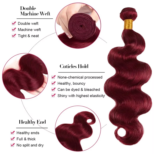 Gefily $80 Get 4bundles+Closure 99J Burgundy Red Body Wave Hair– Deep Wine Red Elegance, Smooth Texture & Lasting Volume