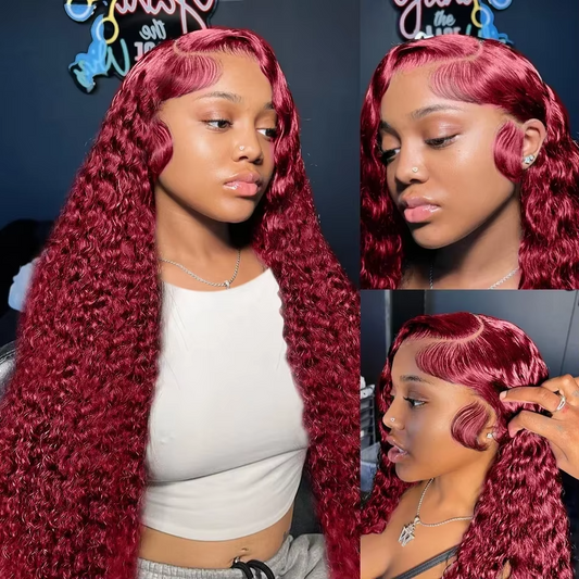 Gefily 20’’-40’’ 13x6 Lace Front Wig 99J Burgundy Red Curly Wave Deep Wave– Super Invisible Lace, Bold Color, Soft & Restyle-Friendly
