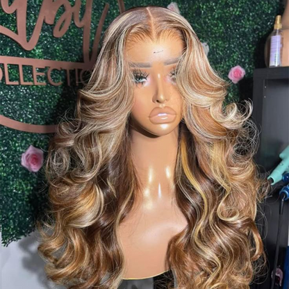 Gefily 20’’–42’’13x6 Lace Front Wig 4/27 Highlight Ombre Honey Blonde Body Wave – Sunlit Brown & Blonde Highlights, Silky Human Hair, Natural-Looking & Long-Lasting