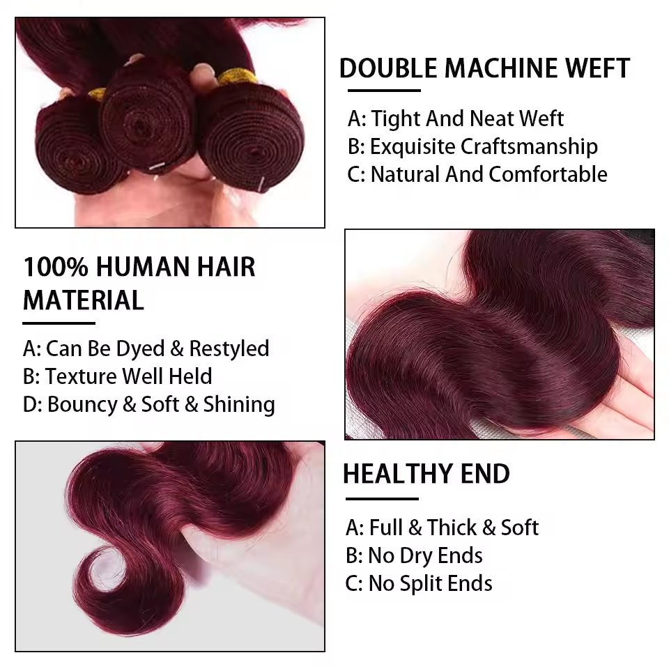 Gefily 16-30Inch Color 99J Burgundy Body Hair BundlesWave 4 Bundles