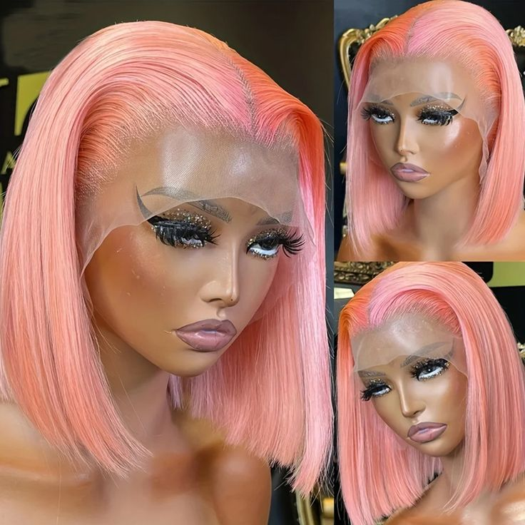 Gefily-Colorful Pink 13x4 Lace 10 Inch Straight Bob Wig Human Hair