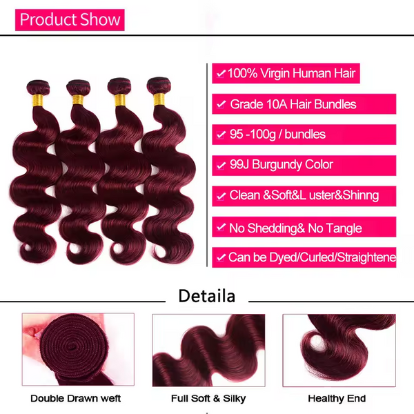 Gefily 16-30Inch Color 99J Burgundy Body Hair BundlesWave 4 Bundles